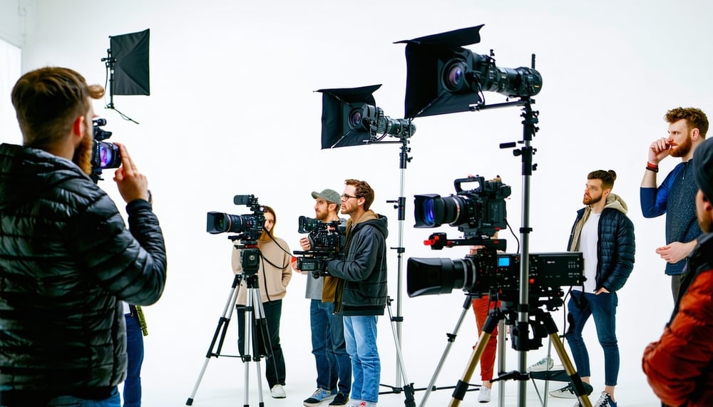 Diverse group of artists and film crew collaborating on a project